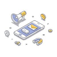 Modern isometric illustration of communication tools and marketing elements in digital space vector