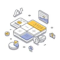 Modern isometric line illustration of financial calculations and analytics in a digital workspace vector