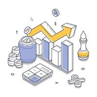 Financial growth analysis using isometric illustration of charts and calculations vector