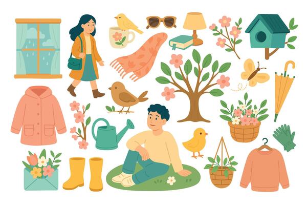 Cute spring clipart collection with people, flowers, birds, clothes, plants, tree and umbrella.