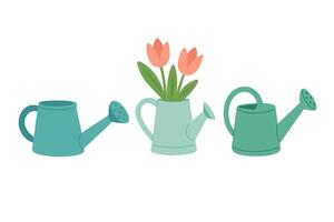 set of spring watering cans in cartoon flat style, one with tulip flowers inside. vector