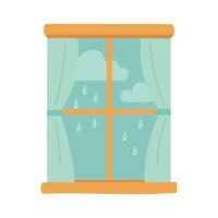 Flat style window with curtains and raindrops outside. Cozy rainy spring or summer day. vector