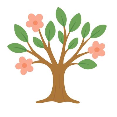 illustration of tree with green leaves and blooming flowers, isolated in cartoon flat style.