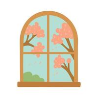 Cozy window with a view of blooming trees. Flat cartoon style spring illustration. vector