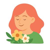 Calm red-haired girl with closed eyes and spring flowers. Gentle and peaceful illustration. vector