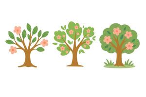 Set of cartoon spring trees with green leaves and blooming pink flowers in flat style. vector