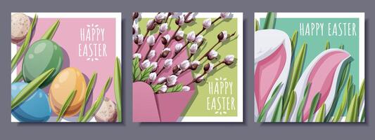 Happy Easter Square Card Set with Bunny Ears in Grass, Colorful Eggs and Willow in Envelope. Spring Holiday Design for Greeting Cards, Social Media and Festive Decor. Cheerful Illustrations. vector
