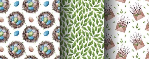 Happy Easter Seamless Pattern Set with Nest, Eggs, Leaves and Willow in Envelope. Spring Floral Background for Textiles, Gift Wrap and Holiday Decor. Fresh Illustration. vector