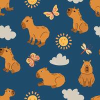 Whimsical Capybara Pattern with Butterflies and Sun. Design for fabric, textile, wallpaper, packaging. vector