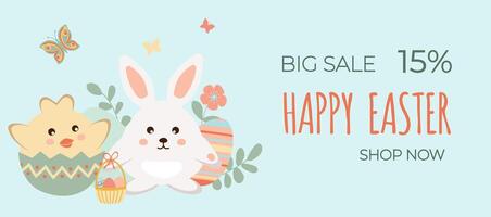 Happy easter sale. Chicken and rabbit, basket with Easter eggs on blue background. Can be add text. Design for banner, poster, postcard. vector