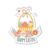 Happy easter sticker. Cute basket with easter eggs and flowers on white background. Can be add text. Design for banner, poster, postcard. EPS10. vector