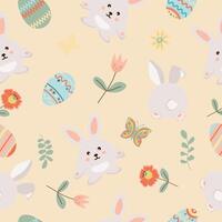 Happy easter. Seamless pattern with easter eggs, rabbit, flowers, butterfly on yellow background. vector