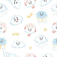 Seamless pattern of cute kawai clouds, stars, raindrops and umbrella on white background. vector