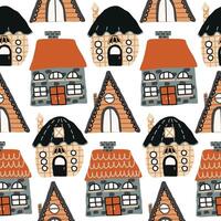 Seamless Pattern with Cute Hand-Drawn Cartoon Houses in Various Shapes and Colors on White Background, Perfect for Kids' Designs, Wrapping Paper, Fabric, and Home Decor Projects vector