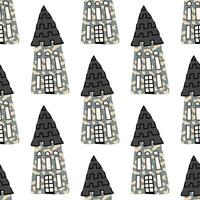 Seamless whimsical pattern of fairytale castle houses with pointed roofs, hand-drawn in a playful, storybook style, perfect for textiles, wallpaper, wrapping paper, and creative design projects. vector