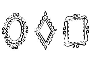 Set of hand-drawn decorative black vintage frames with ornate swirls and borders in oval, diamond, and rectangular shapes on white background - perfect for design, scrapbooking, and invitations. vector