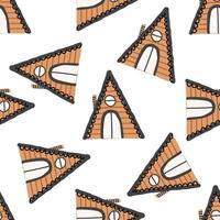 Seamless pattern of hand-drawn triangular A-frame cabins with striped walls and whimsical roofs in a playful cartoon style, ideal for kids textiles, stationery, and cozy-themed design projects. vector