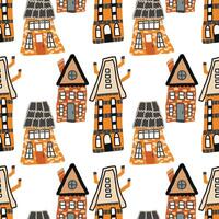 Seamless hand-drawn pattern of whimsical fairytale houses with unique architecture, perfect for textiles, wallpapers, wrapping paper, scrapbooking, and creative design projects. vector