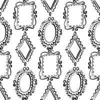 Seamless pattern of vintage decorative frames with elegant black hand-drawn swirls and borders in oval, diamond, and rectangular shapes on white background - perfect for textiles, wallpaper, design vector