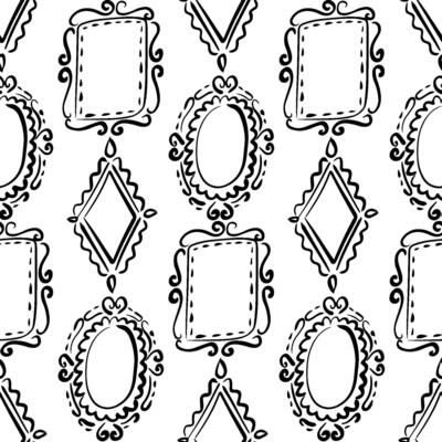 Seamless pattern of vintage decorative frames with elegant black hand-drawn swirls and borders in oval, diamond, and rectangular shapes on white background - perfect for textiles, wallpaper, design