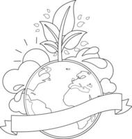 Save the planet, ecology Earth day. Earth globe environment growing a healthy tree, the sun, water and clouds. Blank banner to fill in text. Black and white coloring page. vector