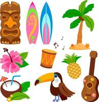 Island vacations set. Luau party with music and drinks, fun surfing objects. Toucan bird, tiki mask and other vacation objects. Hawaiian beach summer collection. vector