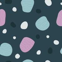 stylish abstract seamless pattern backdrop in pale blue and purple tones with simple organic shapes and dots, whimsical design on dark grey background vector