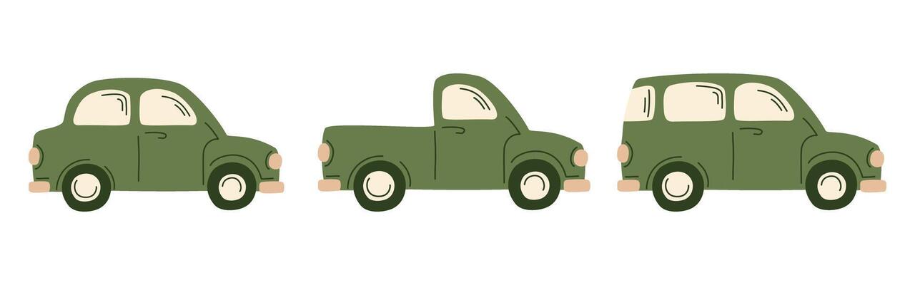 Set of three vintage green vehicles, compact car, pickup truck, minivan. Hand-drawn retro automobile illustration in cute flat style. Perfect for travel, countryside, and nostalgic designs.