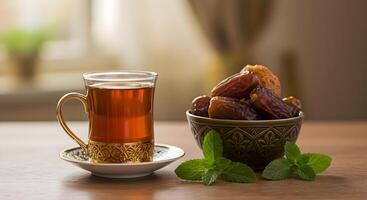 Glass of Tea and Dates on Wooden Table, Ramadan Iftar Concept, Realistic Style photo