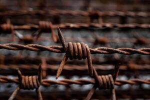 Rusted barbed wire with sharp spikes against a blurred background photo