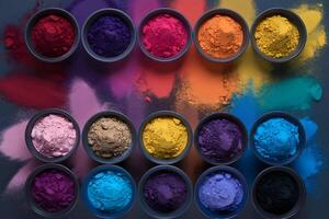 Colorful powders in round bowls arranged in a smooth gradient photo