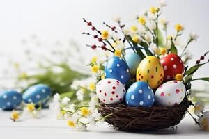 easter eggs in a basket on a table with branches and flowers, in the style of polka dots, white background photo