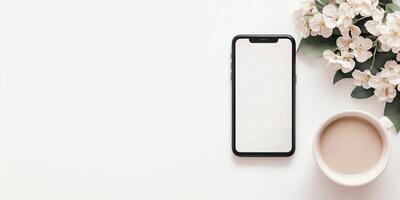 A minimalist flat lay of a smartphone with a social media post displayed, aesthetic background with a coffee cup and flowers, large empty space on the right for branding or caption photo