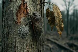 Closeup of a cicada on tree bark with discolored leaves and a bioengineered lichen in a damaged forest photo