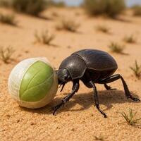 Macro shot of a beetle pushing a seed with biodegradable wrap on a sandy desert surface photo