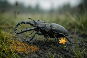 Macro shot of a stag beetle on a meadow with a small flower in a contaminated field photo