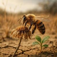 Macro view of a honeybee on a dried flower with a droughtresistant plant in a parched meadow photo