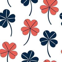 Flat Contemporary abstract clover seamless pattern with bold colors and asymmetrical layout on white concept as Bold colored abstract clovers with asymmetrical layout forming a str Clean Pro vector