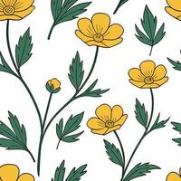 Flat Contemporary abstract buttercup seamless pattern with bold colors and asymmetrical layout on white concept as Bold colored abstract buttercups with asymmetrical layout forming Clean Pro 2 vector