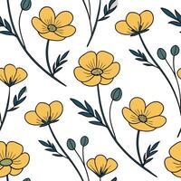 Flat Contemporary abstract buttercup seamless pattern with bold colors and asymmetrical layout on white concept as Bold colored abstract buttercups with asymmetrical layout forming Clean Pro 3 vector