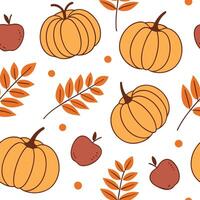 Flat Cozy autumn harvest seamless tile pattern with pumpkins apples and colorful leaves concept as Pumpkins apples and colorful leaves in warm tones create a warm autumn harvest se Clean Pro vector