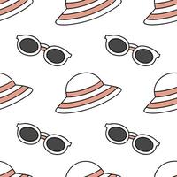 Flat Cool summer seamless tile pattern with sunglasses and beach hats for stylish vacation spots concept as Sunglasses and beach hats in a seamless pattern for a stylish and fashio Clean Pro vector