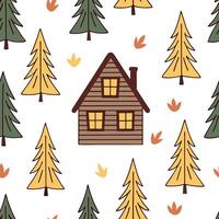 Flat Cozy autumn cabin seamless tile pattern with pine trees leaves and warm lights concept as Pine trees colorful leaves and warm lights create a cozy autumn cabin seamless tile p Clean Pro vector