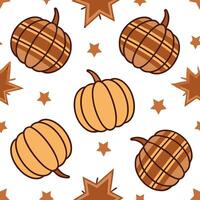 Flat Cozy autumn plaid and pumpkin seamless tile pattern with warm colors and festive vibes concept as Warm plaid patterns combined with pumpkins create a cozy autumn plaid seamles Clean Pro vector
