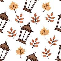 Flat Cozy autumn lanterns seamless tile pattern with warm lights and fall foliage concept as Warm lit autumn lanterns and fall foliage create a cozy seamless tile pattern perfect f Clean Pro vector