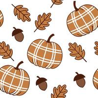 Flat Cozy autumn seamless pattern with plaid pumpkins and acorns for a comfortable fall vibe concept as Comfortable autumn pattern with plaid pumpkins and acorns perfect for a cozy Clean Pro vector