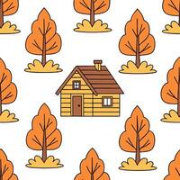 Flat Cozy cabin in the woods seamless tile pattern with autumn trees leaves and warm lighting concept as Autumn trees and warm lighting create a cozy cabin in the woods seamless ti Clean Pro vector