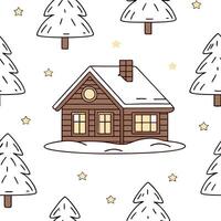 Flat Cozy winter cabin seamless tile pattern with snow covered rooftops and warm lights concept as Snow covered rooftops and warm lights on cozy cabins create a seamless tile patte Clean Pro 2 vector