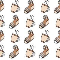 Flat Cozy winter seamless pattern with wool socks hot drinks and cozy mittens for a warm seasonal escape concept as Warm winter pattern with wool socks hot drinks and mittens for a Clean Pro vector