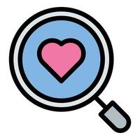 Love search icon flat line style illustration representing the quest for romantic connection and dating exploration, suitable for matchmaking apps, relationship services, and Valentines Day promotions vector